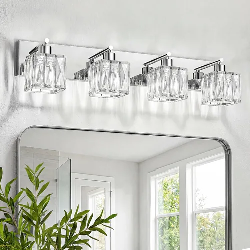 Miniatura 13 de VOLISUN Luces de tocador de cristal – 4 luces modernas de acero inoxidable para baño sobre espejo, acabado cromado – Certificado UL