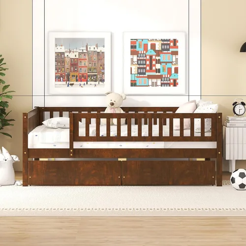 Miniatura 10 de Sofá cama de madera de tamaño individual, sofá cama de madera de mediados de siglo con dos cajones y listones de madera maciza, marco de sofá cama