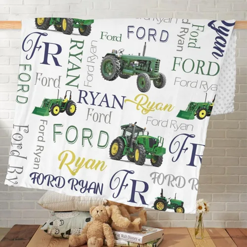 Miniatura 7 de Manta de bebé personalizada con tractor de granja, manta personalizada con nombre de doble capa, manta de felpa suave con respaldo punteado, manta