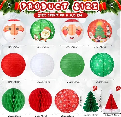 Miniatura 2 de Juego de 17 linternas de papel colgantes de Navidad 3D para Papá Noel, linterna de papel, sombrero de Papá Noel, árboles de Navidad, bolas de panal