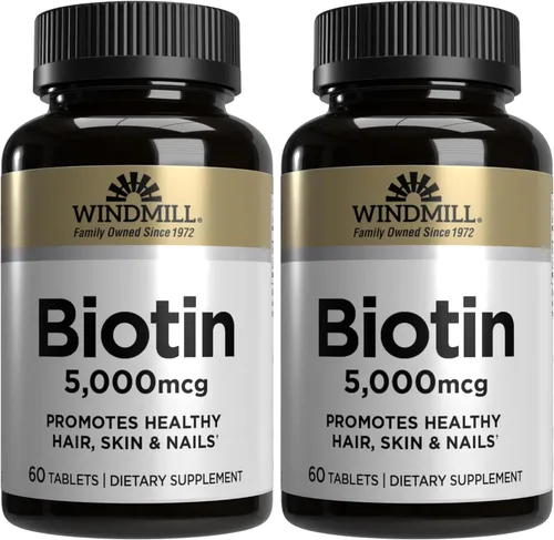 Windmill Natural Vitamins Biotin 5000 mcg, apoya la salud del cabello, la piel y las uñas, potenciador del metabolismo, 60 unidades, 60 porciones