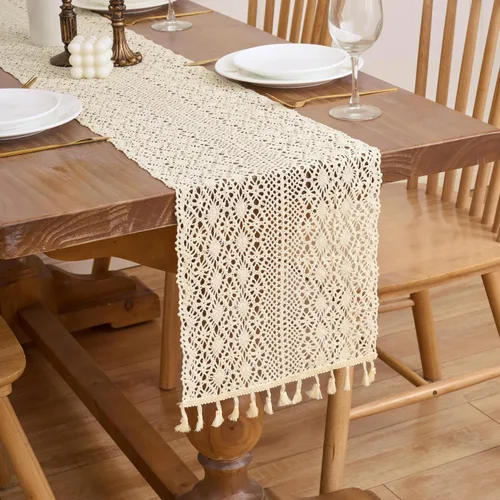 Miniatura 10 de Gemseek Camino de Mesa de Crochet de Algodón Boho de 60 Pulgadas, Camino de Mesa de Encaje Macramé Bohemio Beige Vintage para Cocina Mesa de Café