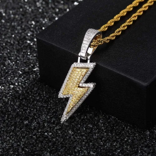 Miniatura 3 de JINAO Hip Hop - Colgante con diseño de rayo chapado en oro de 18 quilates con circonita cúbica con micropave de imitación de diamante para hombres