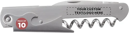 Juego de 10 abridores de botellas de vino de acero inoxidable Valencia - Texto personalizable, logotipo, sacacorchos, cuchillo dentado, perfecto