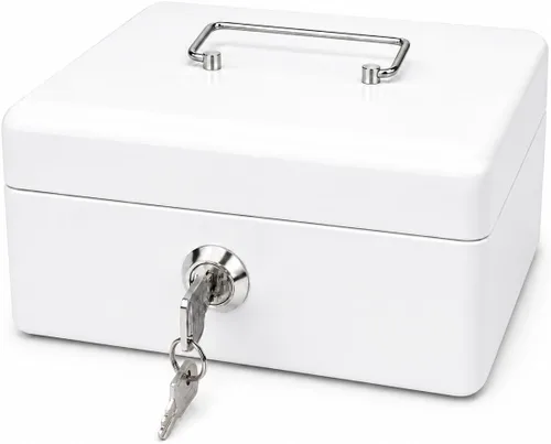 Miniatura 11 de Caja de efectivo de acero con cerradura de llave, organizador de dinero pequeño de metal con bandeja para dinero, caja de almacenamiento de efectivo