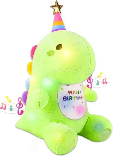 Peluche de Dinosaurio de Cumpleaños - Juguete de Peluche Verde de 12" con Luz y Música de Feliz Cumpleaños, Peluche de Dino con Peso, Lindos Regalos
