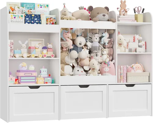 Organizador de almacenamiento de juguetes para niños de 61 pulgadas de ancho con estantería, organizadores de juguetes extra grandes con Blanco