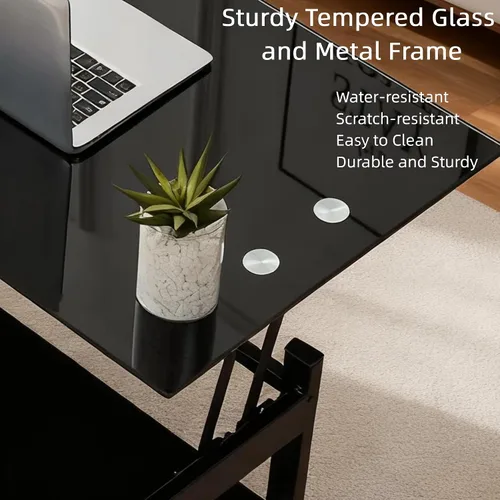 Miniatura 7 de Meihua Mesa de Centro de Cristal con Tapa Elevable con Compartimento de Almacenamiento y Estantes Abiertos Separados, Tapa de Mesa Elevable