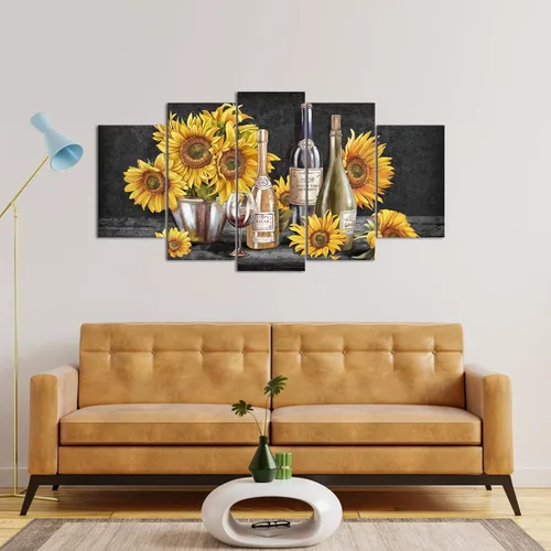 Miniatura 2 de Biuteawal Arte de pared grande de 5 paneles para cocina, pintura de girasol negro, blanco y amarillo, imágenes de vino, decoración de pared