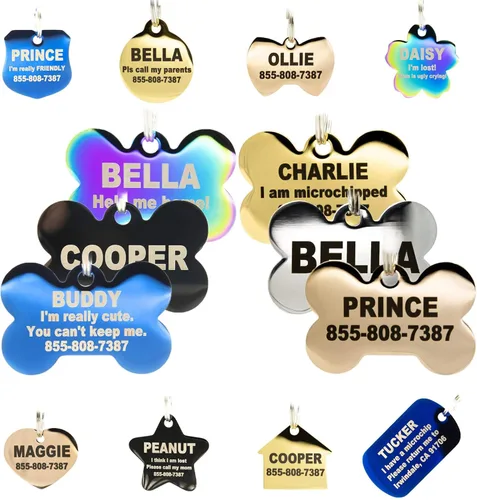 PetANtastic - Etiquetas identificatorias grabadas personalizables, en acero inoxidable, para perro o gato, identificación frontal y trasera, chapado