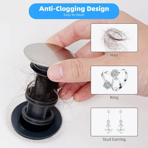 Miniatura 3 de Hibbent Paquete de 2 Tapones Universales de Drenaje para Fregadero de Baño, Colador de Drenaje Emergente con Desbordamiento, Tapón de Fregadero