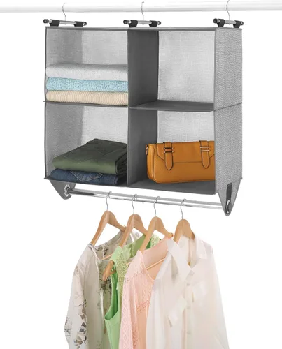Miniatura 6 de Whitmor Estantería organizadora de armario de tela de 4 secciones con barra de ropa de cromo incorporada Gris claro + gris oscuro