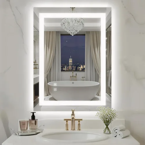 Miniatura 29 de Espejo de baño LED de 24 x 32 pulgadas con luces, espejo de tocador de baño con marco negro con luz frontal + retroiluminación para pared, vidrio