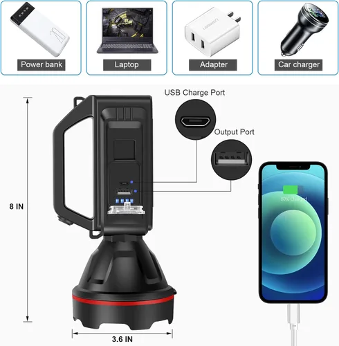 Miniatura 4 de Linterna recargable con reflector, reflector de mano de alto lúmenes, linterna LED con correa para el hombro y salida USB para huracanes