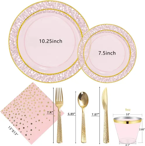 Miniatura 2 de Nervure 175 piezas de platos de plástico rosa y dorados - Platos desechables rosas: 25 platos de cena, 25 platos de postre, 25 tenedores, 25