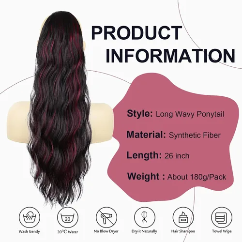 Miniatura 7 de FREEMEIGE Extensiones de cola de caballo largas onduladas con cordón para mujeres, extensiones de cabello con clip para cola de caballo, mezcla