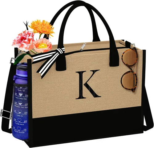 Jute Initial Tote Bag Burlap Beach Bag Personalized Birthday Gifts for Women Teacher Mom Bridal Bridesmaid Gifts