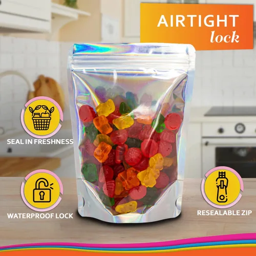 Miniatura 4 de 100 bolsas de Mylar iridiscentes resellables - Bolsas sellables con cierre hermético de 5 x 7 pulgadas, bolsas de pie sellables con cierre térmico