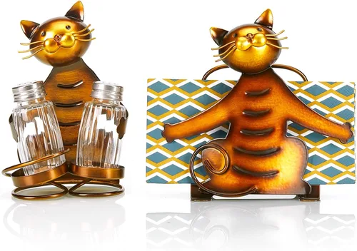 Juego de decoración de cocina para gatos, juego de salero y pimienta de metal vintage con soporte para servilletas, organizador de mesa de granja,
