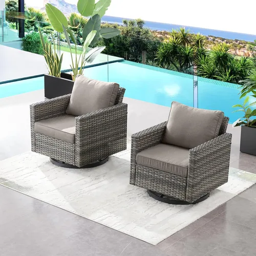 HUMMUH Juego de 2 sillas giratorias para patio, mimbre de polietileno, para exteriores, bistró, porche, balcón, muebles con cojines Gris/gris