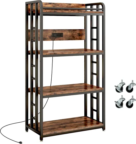 Miniatura 10 de METYERRY Estante de cocina ajustable de 4 niveles resistente con toma de corriente, con ruedas industriales, soporte de carrito de horno microondas