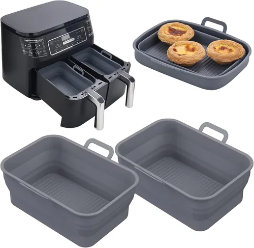 Miniatura 9 de Paquete de 2 sartenes plegables de silicona para freidora de aire para NINJA Foodi Dual de 8 y 10 cuartos, olla de cesta rectangular reutilizable