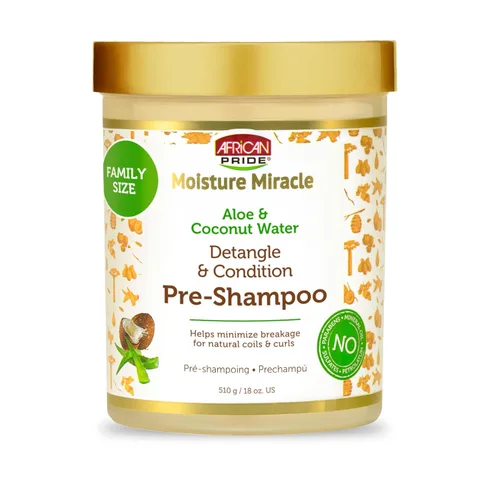 African Pride Moisture Miracle - Pre-champú desenredante para el cabello con aloe y agua de coco, minimiza la rotura, hidrata y fortalece,
