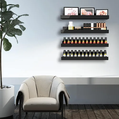 Miniatura 4 de Paquete de 4 estantes acrílicos negros de 15 pulgadas, estantería flotante negra para habitación de los niños, estante moderno para esmalte de uñas