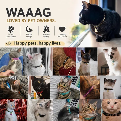 Miniatura 3 de waaag - Collar de seguridad para gato, con diseño de lunas y estrellas doradas, brilla en la oscuridad
