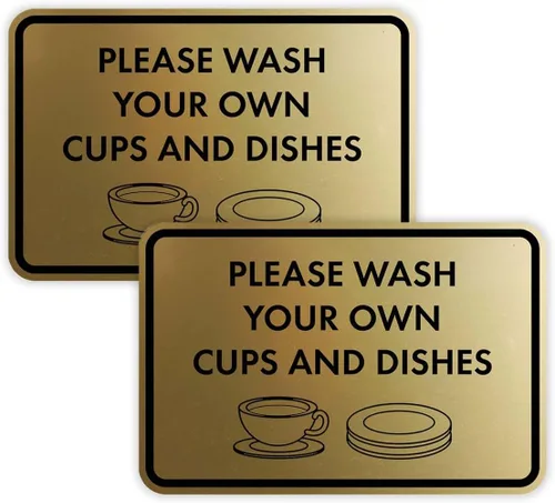 Miniatura 31 de Letrero clásico enmarcado con texto en inglés «Please Wash Your Own Cups and Dishes» (oro cepillado), pequeño