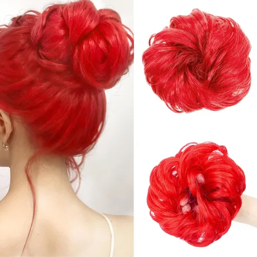 Miniatura 11 de Pieza de cabello de moño desordenado, piezas de cabello azul para mujeres y niñas, extensiones de cabello sintético ondulado y rizado, coletero