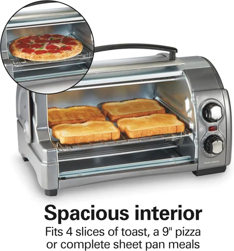 Miniatura 3 de Horno tostador Hamilton Beach Easy Reach para encimera, 4 rebanadas, con puerta enrollable, 1200 vatios, para pizza de 9 pulgadas, 3 funciones