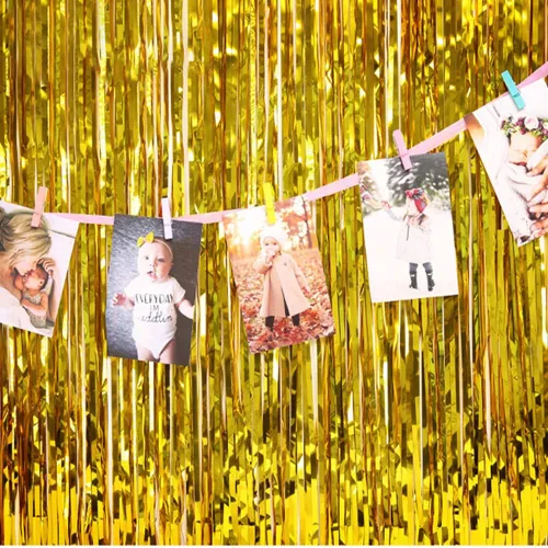 Miniatura 9 de Cortina de telón de fondo dorado con flecos para decoración de fiestas, 6.5 x 6.5 pies, paquete de 2 cortinas de papel de aluminio dorado