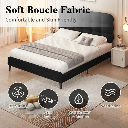 Miniatura 3 de Base de cama individual BarnFurin, cama plataforma con cabecero tapizado, base de cama de tela de bouclé suave con soporte de listones de madera