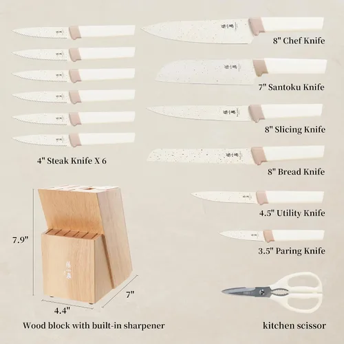 Miniatura 2 de Juego de 15 cuchillos con bloque, juego de cuchillos de cocina de acero inoxidable de alto carbono con hoja recubierta de cerámica, afilados y Crema