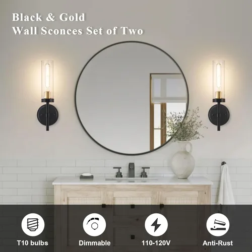Miniatura 2 de Juego de 2 apliques de pared cableados negros y dorados, modernos apliques de tocador de baño con pantalla de vidrio transparente, luces de montaje