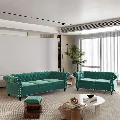 Miniatura 32 de QHITTY Juego de 2 piezas para sala de estar, Sofá Seccional Chesterfield Silla Contemporáneo Tapizado de Terciopelo Loveseat Juego de Sofás