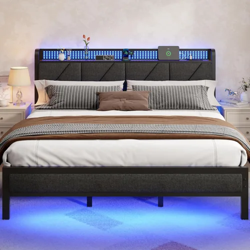 Miniatura 11 de Furnulem Base de cama Queen con cabecero y estante de almacenamiento, luz LED y estación de carga, cama de plataforma de metal con listones