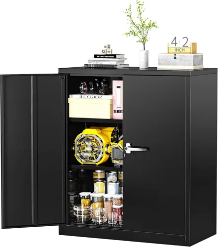 Greenvelly Armario de almacenamiento de metal con puertas y estantes, gabinete de almacenamiento negro con cerradura de 36 pulgadas para oficina,