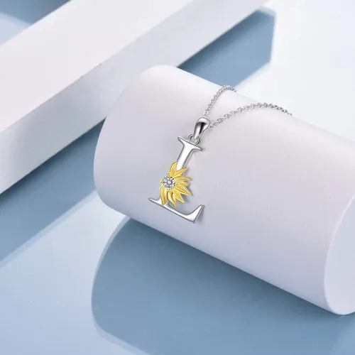 Miniatura 4 de POPLYKE Collar de girasol con inicial, regalos de girasol para mujeres y niñas, letra del alfabeto, letra y nombre, Plata esterlina, cristal