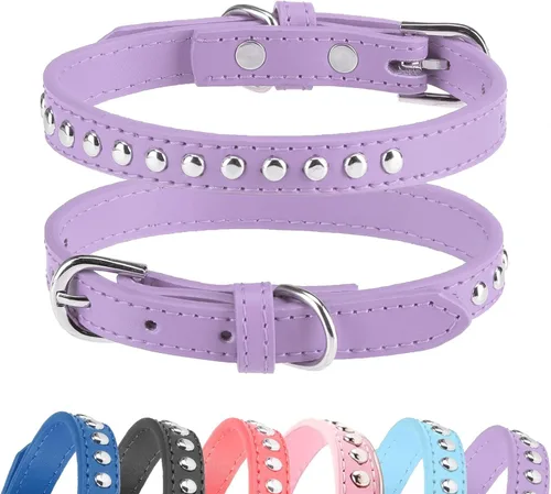 Miniatura 11 de BINGPET Collar de cuero ajustable para perro, collar duradero con tachuelas, con hebilla de metal y anillo en D para perros pequeños, medianos
