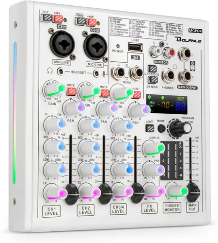 Bolanle Mezclador DJ de 4 canales con 100 efectos DSP, interfaz de audio USB y Bluetooth, tarjeta de sonido profesional para podcast, karaoke,