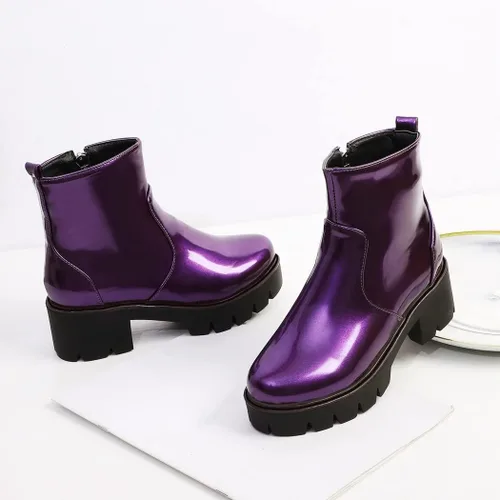 Miniatura 5 de KUUTGG Botines elegantes de moda para mujer, de charol con punta redonda, con cremallera, tacón medio grueso