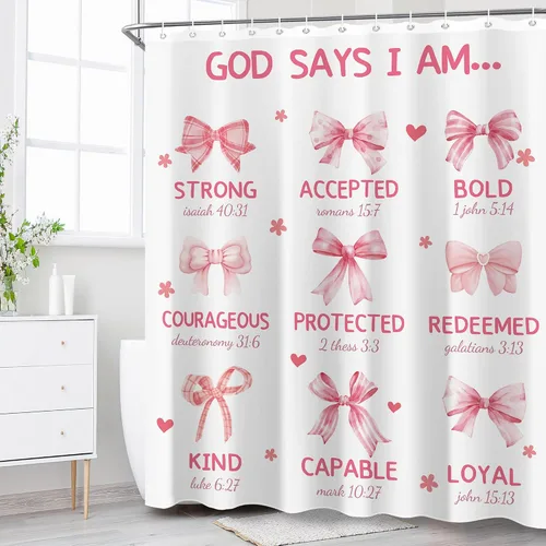 Miniatura 7 de Juego de cortinas de ducha con lazo rosa para baño, 60 pulgadas de ancho x 72 pulgadas de alto, cortina de ducha con texto en inglés «God says I Am
