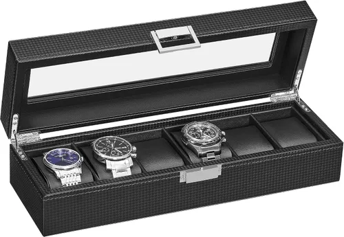 BEWISHOME Caja de reloj para hombres Organizador de reloj con 6 ranuras, funda de reloj, diseño de fibra de carbono, parte superior de vidrio real,