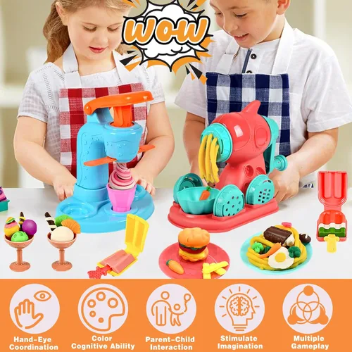 Miniatura 7 de Crelloci Juego de creaciones de cocina de masa de colores 3 en 1, máquina para hacer helados, espaguetis y hamburguesas, juguetes de modelado