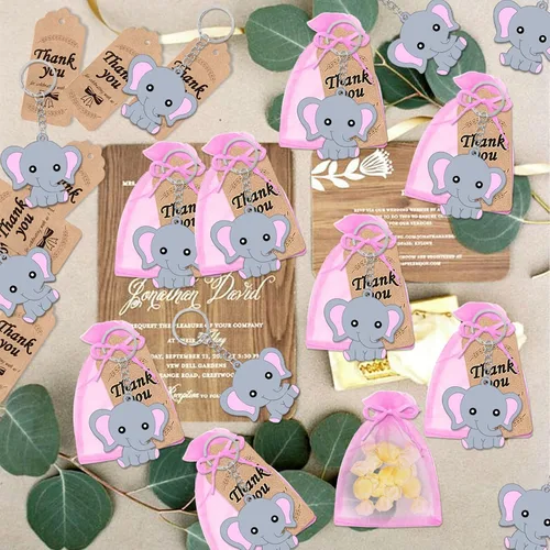 Miniatura 3 de CiciBear Paquete de 72 recuerdos de fiesta de elefante rosa con llaveros, etiquetas, bolsas de regalo para baby shower, cumpleaños de niños, 24