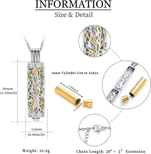 Miniatura 47 de shajwo Joyería de cremación cilíndrica, collar de cenizas de urna del árbol de la vida para mujeres y hombres, vial de cremación de cenizas