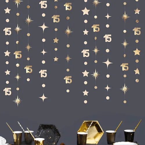 Miniatura 8 de Decoraciones negras de cumpleaños número 15, guirnalda de estrellas centelleantes con el número 15, pancarta metálica para niñas y niños, vítores a