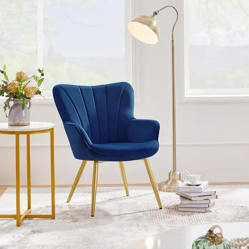 Miniatura 2 de Topeakmart Silla decorativa de terciopelo, moderna y de mediados de siglo, silla de maquillaje con acolchado suave y respaldo alto para sala de Azul